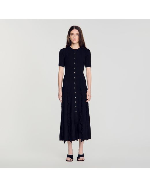 Sandro Blue Knit Maxi Dress With Ruffles