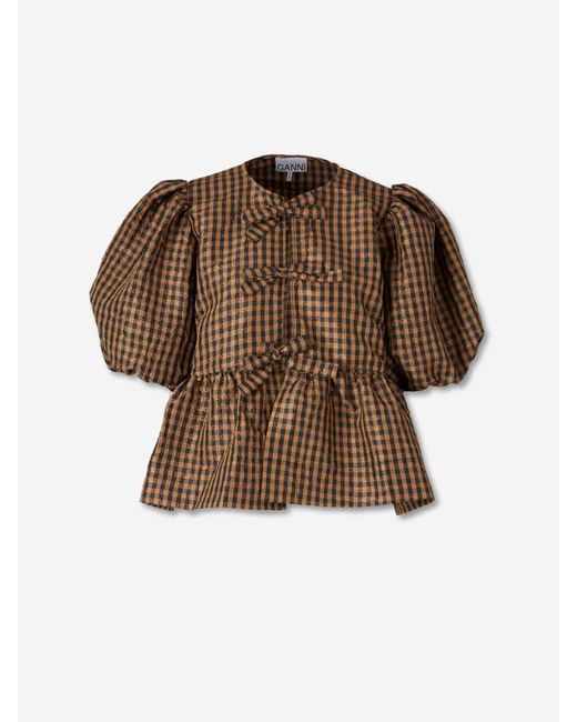 Ganni Brown Checked Blouse With Ties