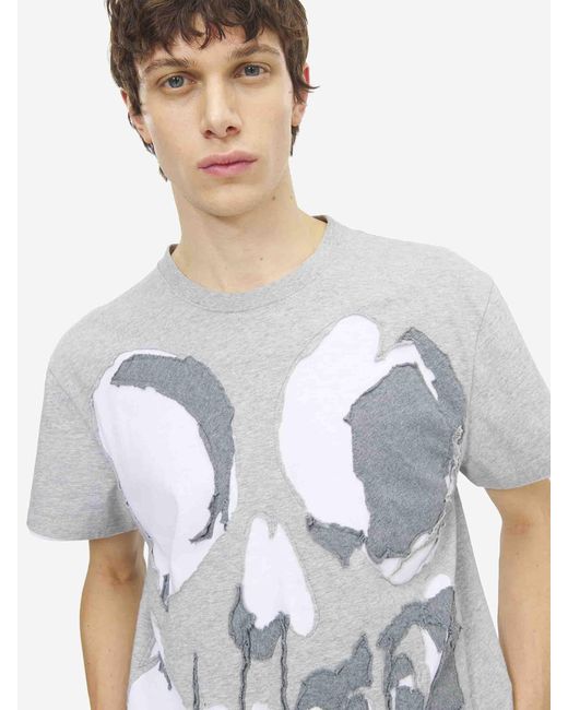 McQueen Gray Skull Applique T-Shirt for men
