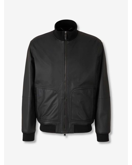 Canali Black Leather Bomber Jacket for men