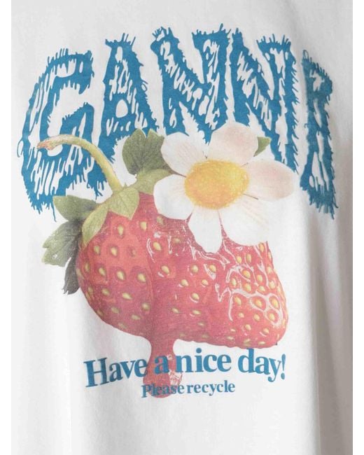 Ganni White Strawberry Long Sleeve T-Shirt
