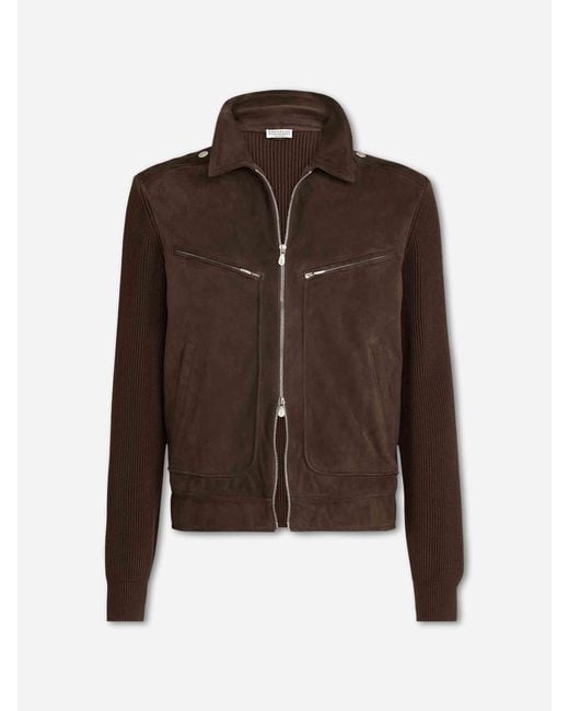 Brunello Cucinelli Brown Suede Leather Jacket for men