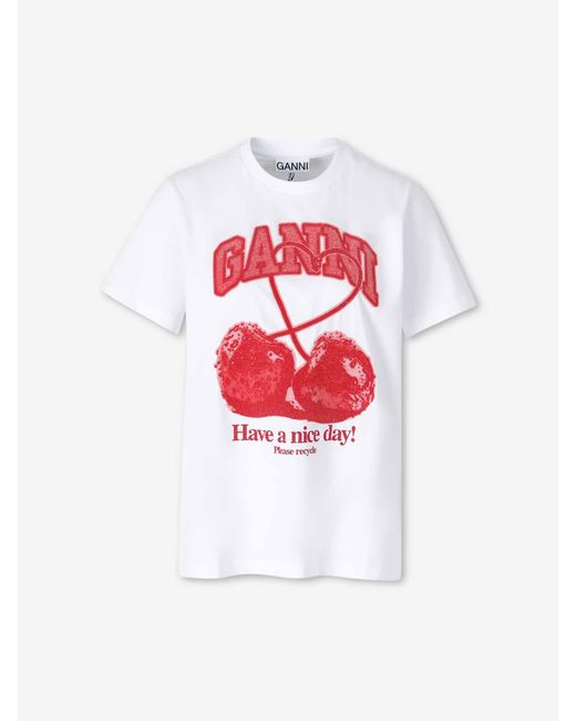 Ganni White Short Sleeve T-Shirt Cherries