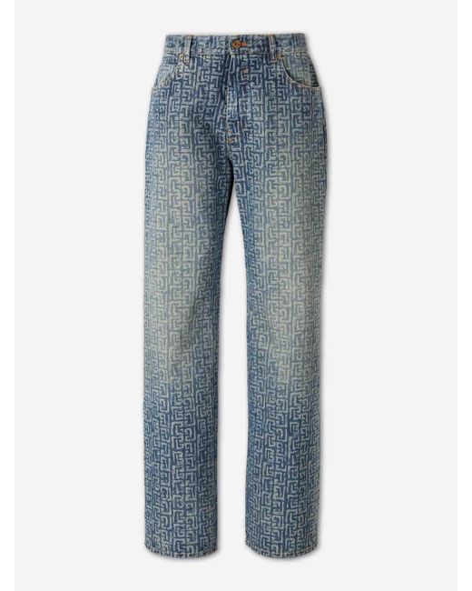 Balmain Blue Monogram Straight Leg Jeans for men