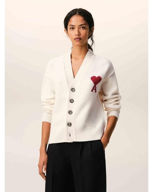 AMI Natural Wool Logo Cardigan