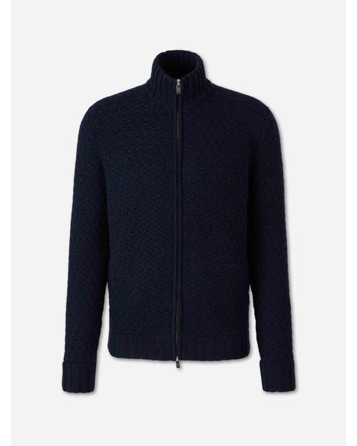 Fedeli Blue Cashmere Zip Cardigan for men