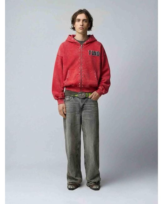 Twojeys Red Studded Zip-Up Sweatshirt for men