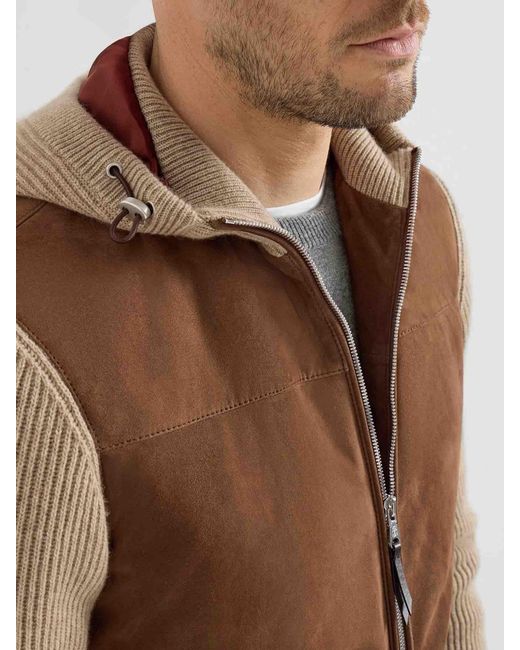 Brunello Cucinelli Brown Bomber Jacket Leather Suede for men