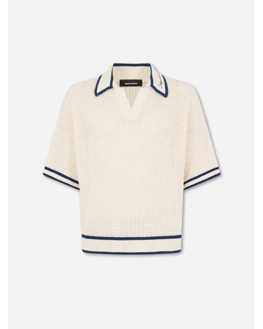 DSquared² White Openwork Knit Polo Shirt for men