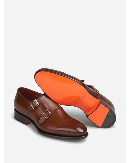 Santoni Brown Double Buckle Shoes for men