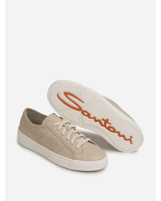 Santoni White Leather Sneakers With Logo