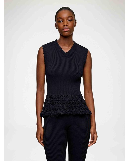 Ganni Blue Sleeveless Top With Crochet Flowers