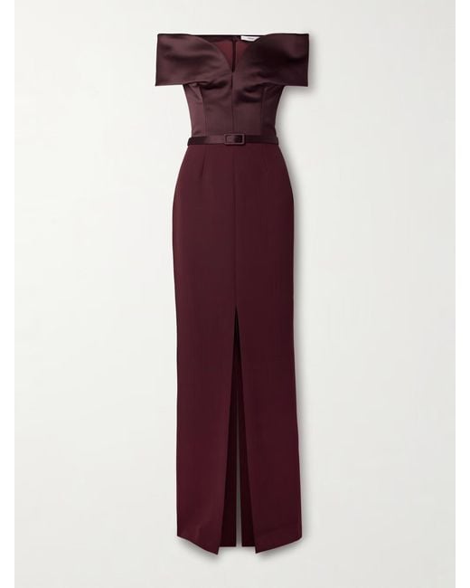 Safiyaa Purple Ebren Off-The-Shoulder Belted Duchesse Satin-Trimmed Crepe Gown
