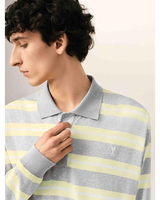 AMI White Striped Cotton Polo Shirt for men
