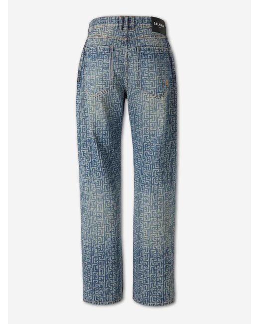 Balmain Blue Monogram Straight Leg Jeans for men