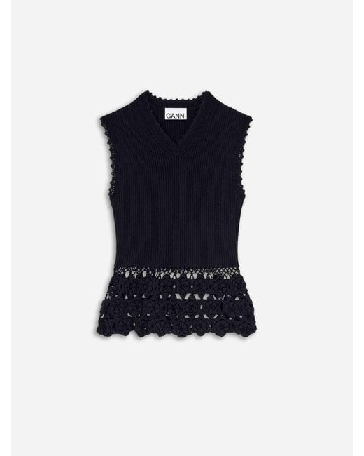 Ganni Blue Sleeveless Top With Crochet Flowers