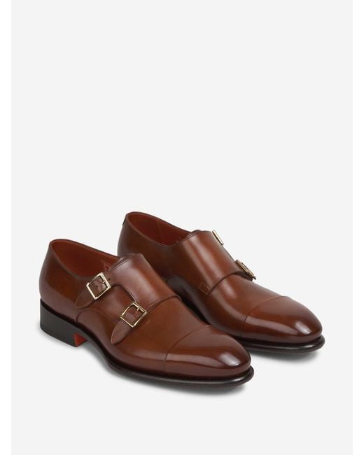 Santoni Brown Double Buckle Shoes for men
