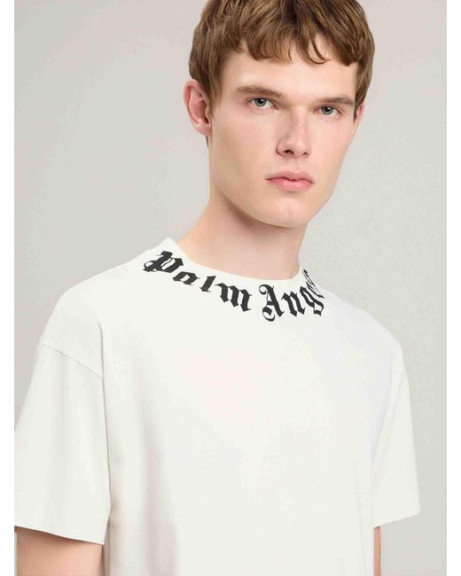 Palm Angels White Printed Collar T-Shirt for men