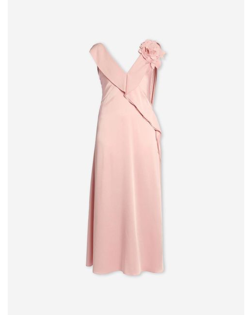 Erdem Pink Draped Floral Appliqué Satin Midi Dress