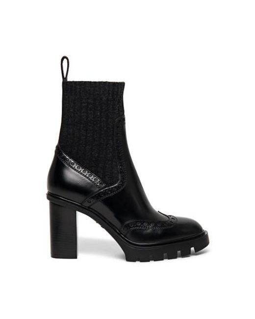 Santoni Black Leather Mid-Heel Brogue Sock Boot