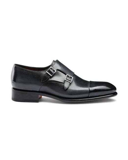 Santoni Black Polished Leather Double-Buckle Shoe for men