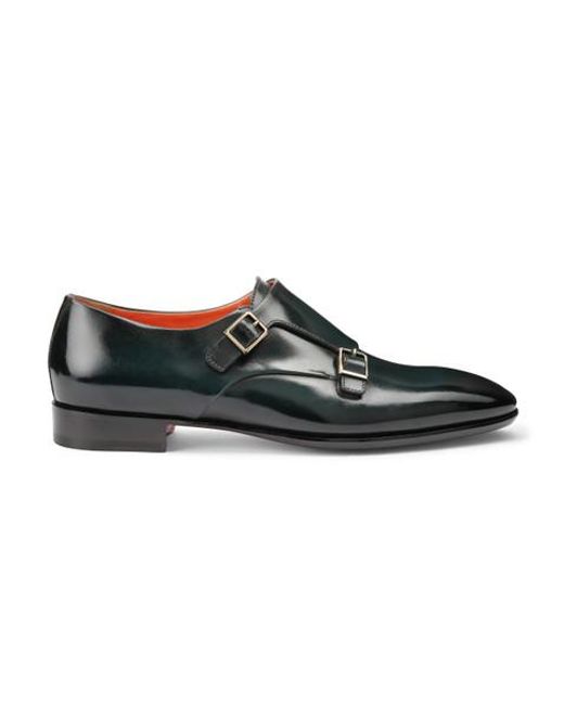 Santoni Black Leather Double Buckle Shoe for men