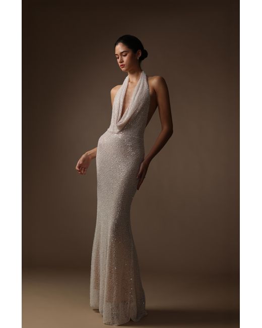 SAU LEE Brown Lindsay Beaded Gown
