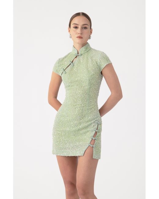SAU LEE Green Jada Beaded Mini Dress