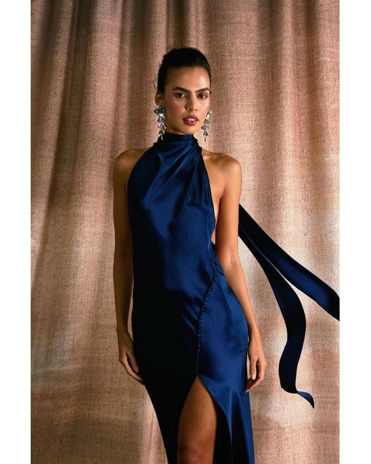 SAU LEE Blue Penelope Backless Satin Gown