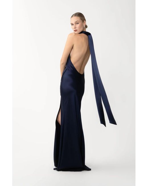 SAU LEE Blue Penelope Backless Satin Gown