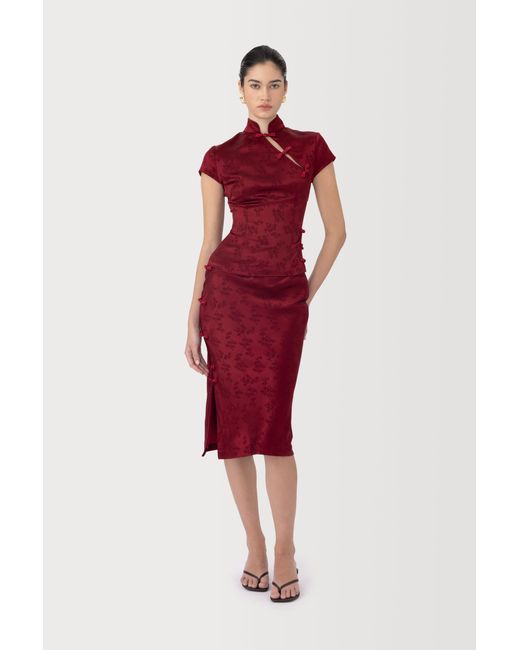 SAU LEE Red Ren Satin Jacquard Skirt