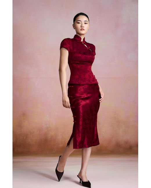 SAU LEE Red Ren Satin Jacquard Skirt