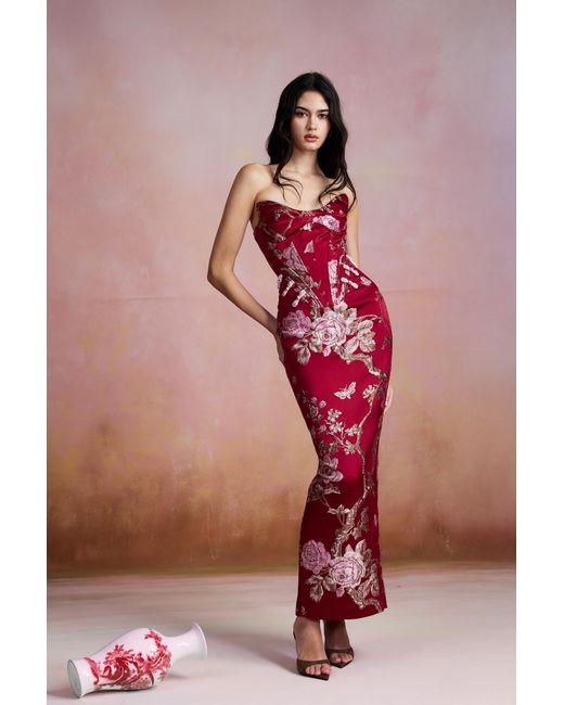 SAU LEE Red Novella Brocade Maxi Dress