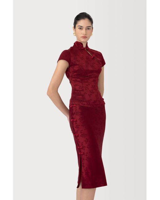 SAU LEE Red Ren Satin Jacquard Skirt