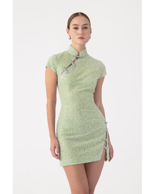SAU LEE Green Jada Beaded Mini Dress