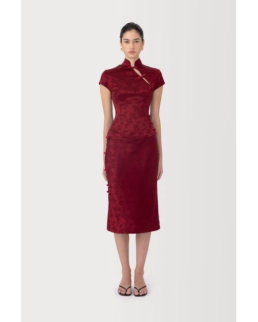 SAU LEE Red Ren Satin Jacquard Skirt