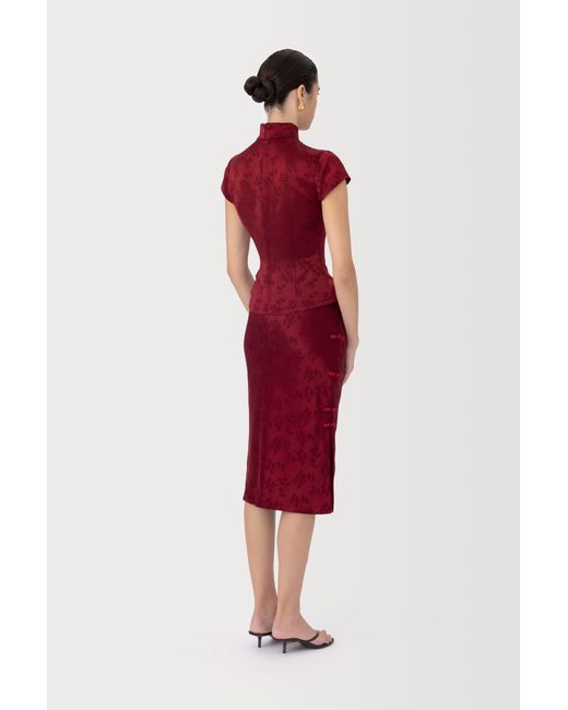 SAU LEE Red Ren Satin Jacquard Skirt