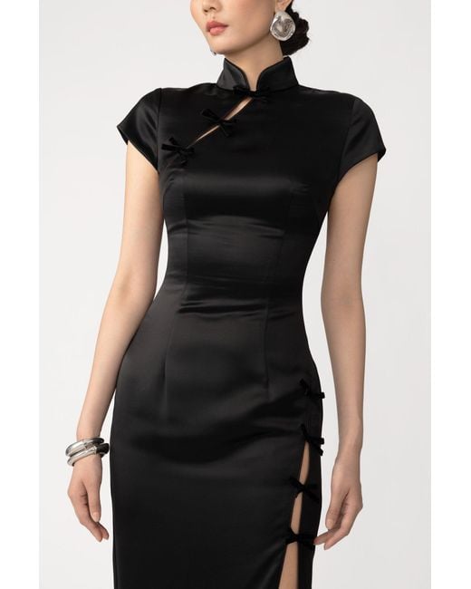 SAU LEE Black Tamara Satin Midi Dress