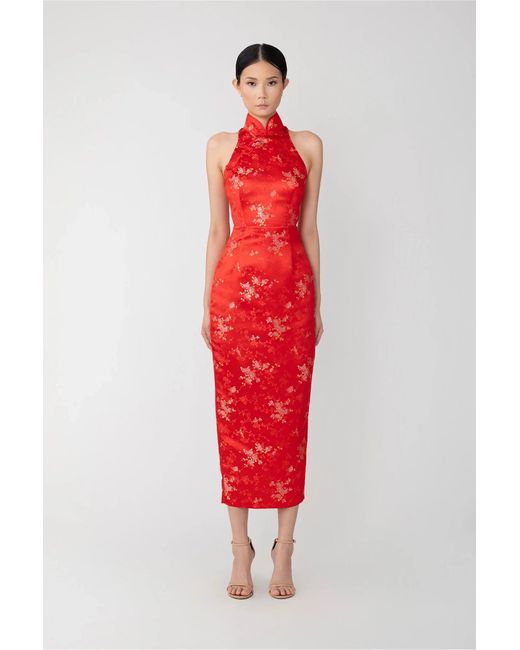 SAU LEE Red Jill Chinese Jacquard Pencil Dress