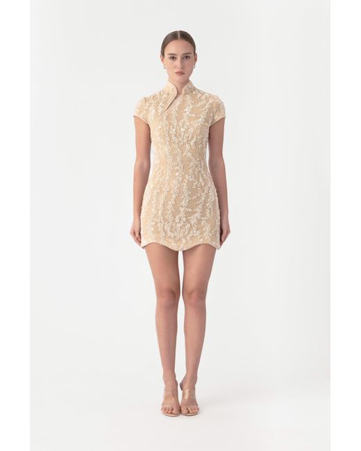 SAU LEE Natural Lori Beaded Mini Dress