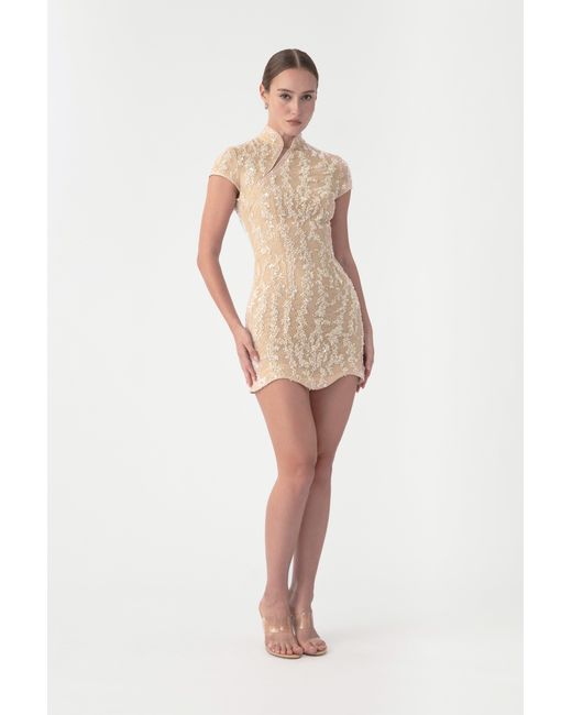 SAU LEE Natural Lori Beaded Mini Dress
