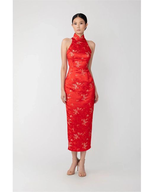SAU LEE Red Jill Chinese Jacquard Pencil Dress