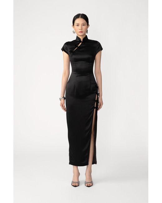 SAU LEE Black Tamara Satin Midi Dress