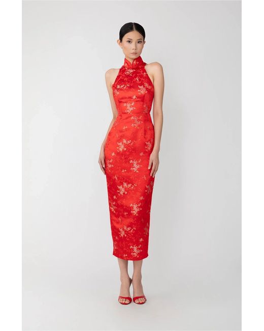 SAU LEE Red Jill Chinese Jacquard Pencil Dress