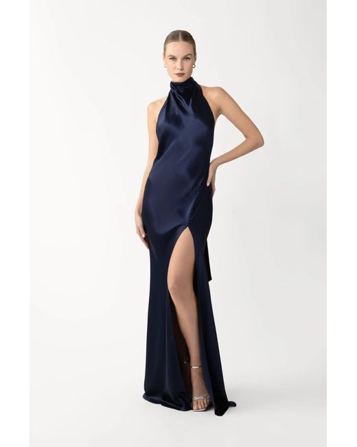SAU LEE Blue Penelope Backless Satin Gown