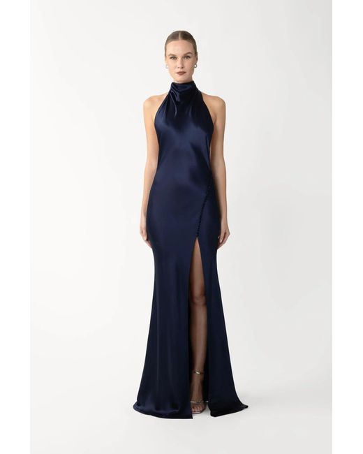 SAU LEE Blue Penelope Backless Satin Gown
