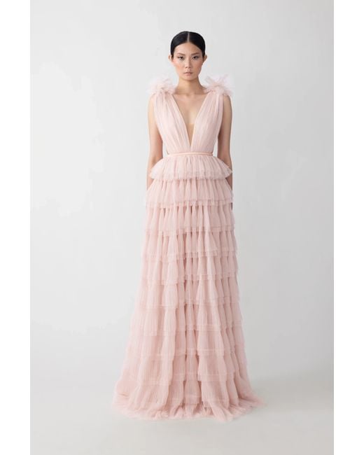SAU LEE Pink Sabrina Tulle Gown