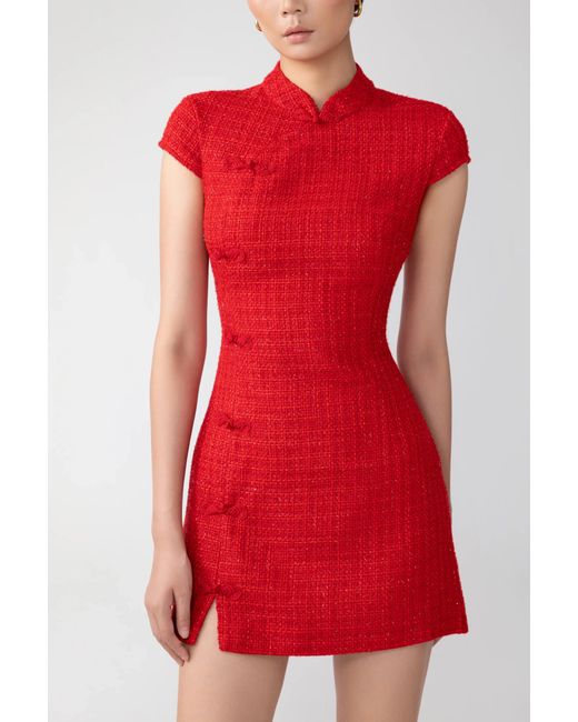 SAU LEE Red Natasha Tweed Mini Dress