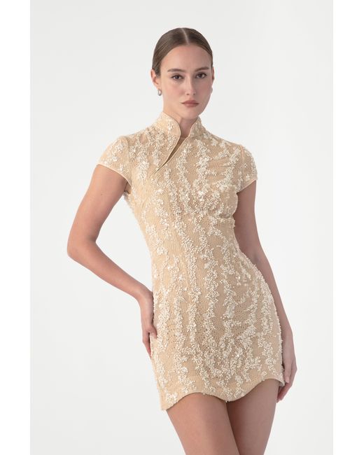 SAU LEE Natural Lori Beaded Mini Dress