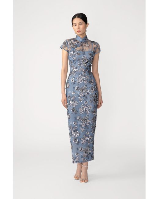 SAU LEE Blue Adriana Embroidered Midi Dress